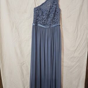 David's Bridal One-Shoulder Lace and Chiffon Dress in Slate Blue